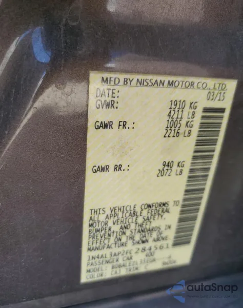 2015 Nissan Altima 2.5 from USA, damaged, VIN 1N4AL3AP2FC284561